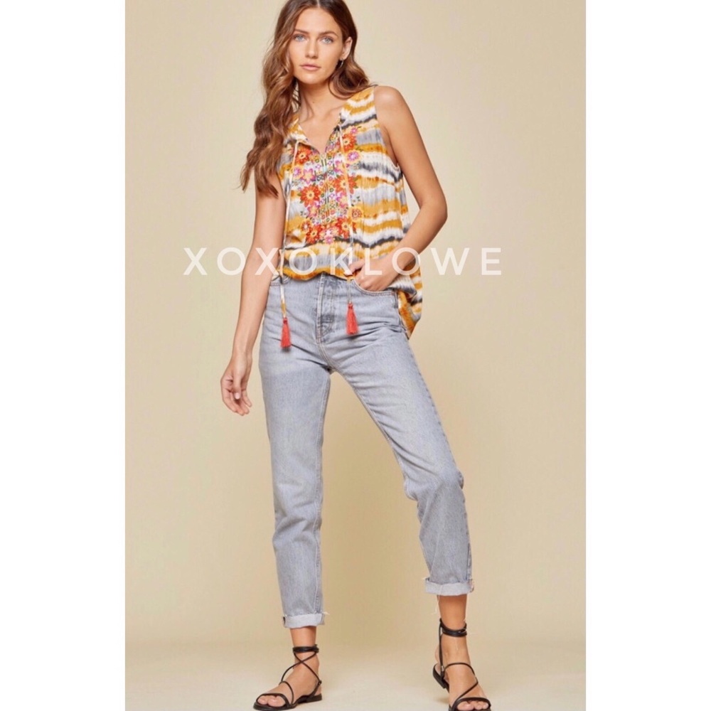Savanna Jane Yellow & Cream Dip Dyed Embroidered Split Neck Top - Picture 7 of 12
